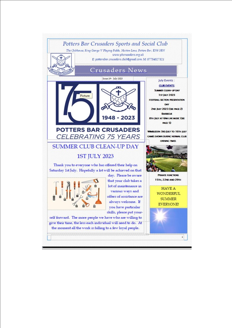 Potters Bar Crusaders Sports and Social Club, July 2023 Newsletter